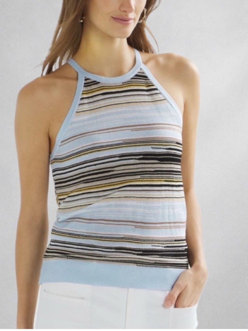 White House Black Market Striped Halter Knit Tank Top - Blue, White, Black & Tan - Picture 1 of 9
